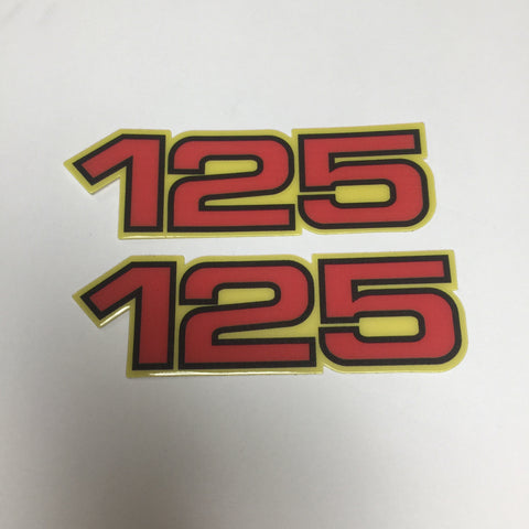 Yamaha, Side Panel Decals, 125, Red with Black and Yellow Outline, Reproduction