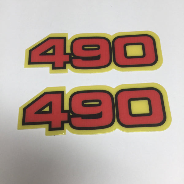 Yamaha, Side Panel Decals, 490, Red with Black and Yellow Outline, Reproduction
